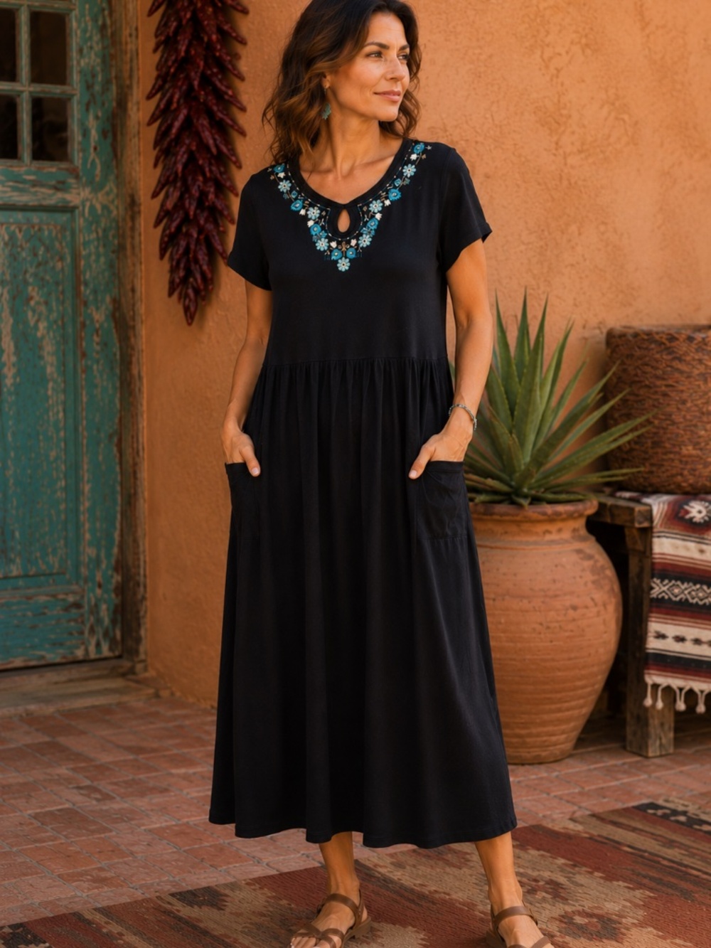 White Stag Black Embroidered Tie Back Midi Dress Heavy Cotton Blend 12/14